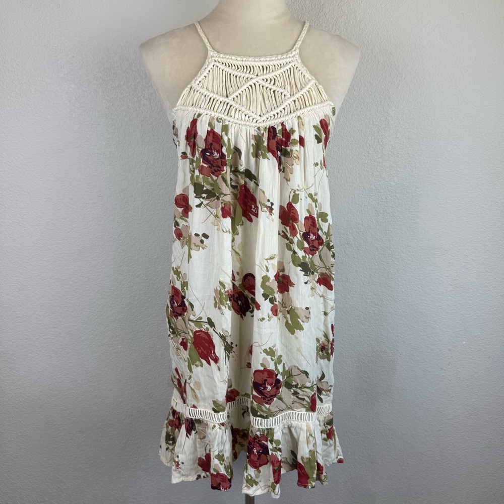 Volcom Cream Floral Crochet Yoke Mini Dress with Red Roses